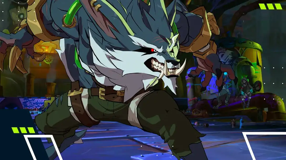 Warwick avançando em postura de combate dentro de uma arena iluminada por néon no 2XKO