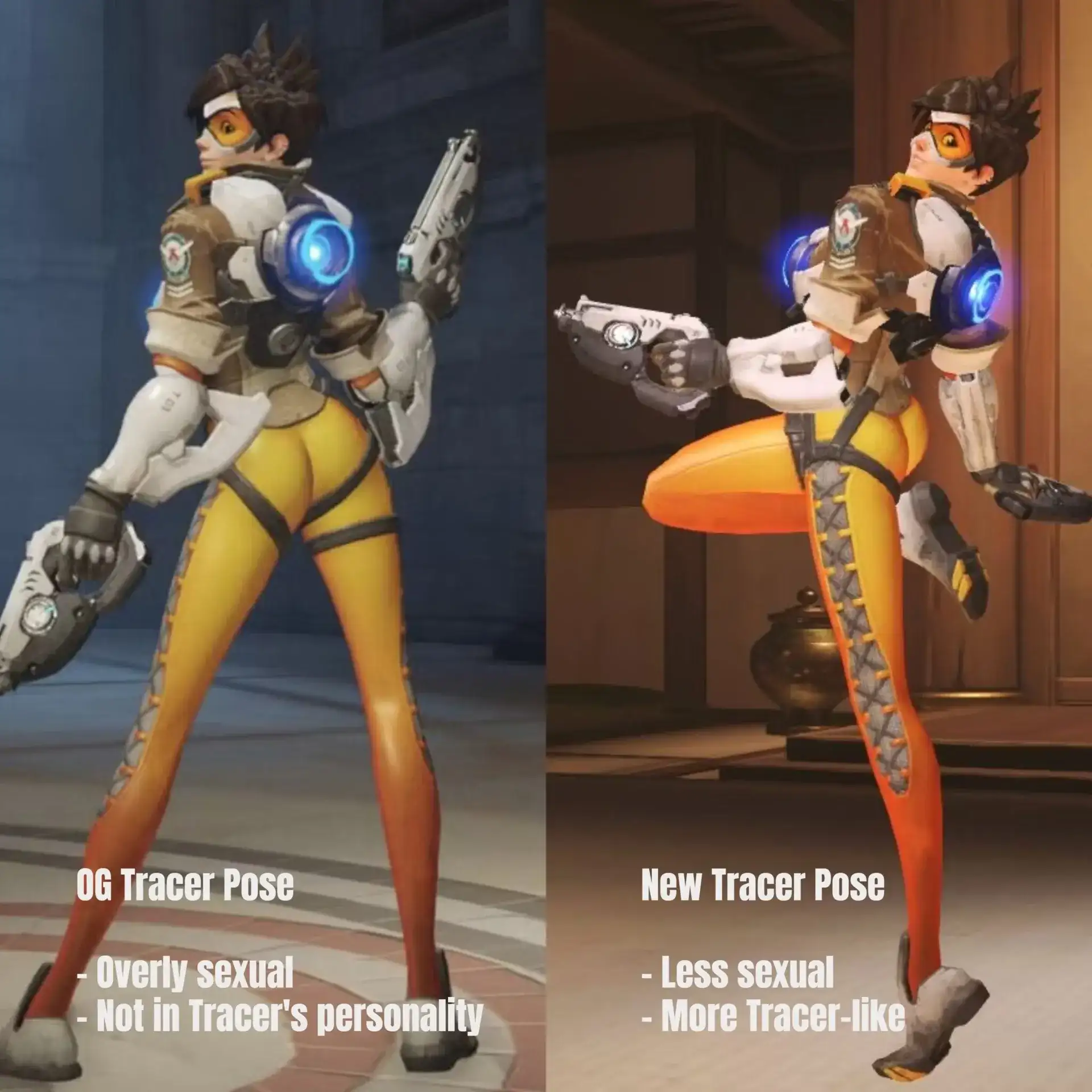 Comparação da pose da Tracer antes e depois da polêmica