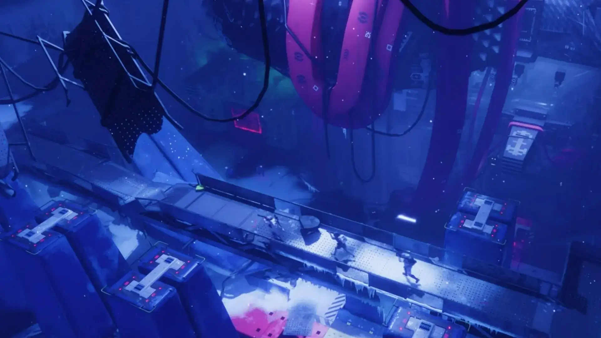 Tela do jogo Marathon mostrando um personagem em um ambiente futurista